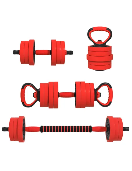 SPORTNOW 20kg Four-In-One Adjustable Weight Dumbbells Set, Barbell, Kettlebell, Push Up Stand - Red