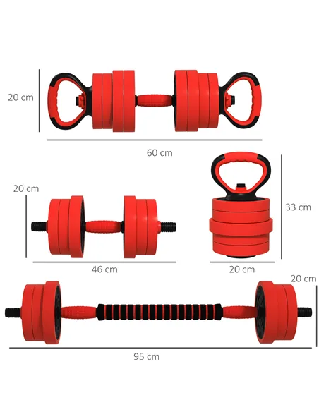 SPORTNOW 20kg Four-In-One Adjustable Weight Dumbbells Set, Barbell, Kettlebell, Push Up Stand - Red