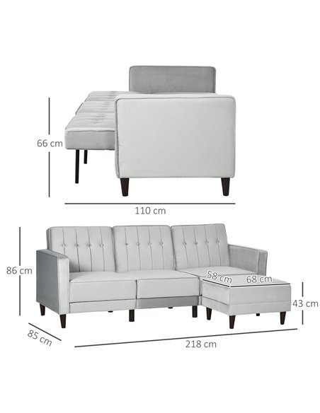 HOMCOM L Shape Sofa Bed Set with 3-Seater Sofa and Footstool, Corner Sofa Bed with Ottoman, Light Grey