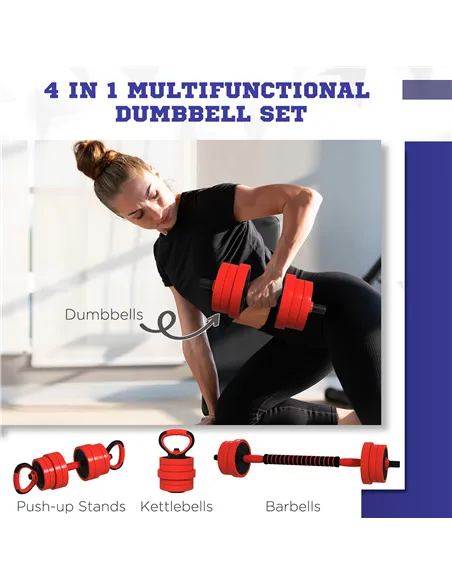 SPORTNOW 20kg Four-In-One Adjustable Weight Dumbbells Set, Barbell, Kettlebell, Push Up Stand - Red