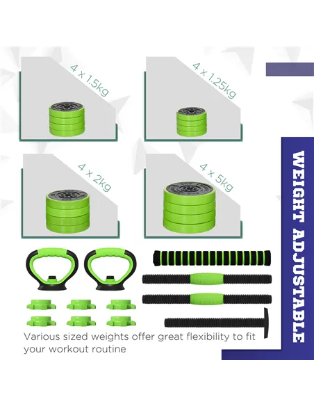 SPORTNOW 40kg Four-In-One Adjustable Weight Dumbbells Set, Barbell, Kettlebell, Push Up Stand - Green