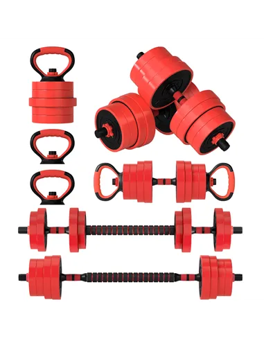 SPORTNOW 30kg Four-In-One Adjustable Weight Dumbbells Set, Barbell, Kettlebell, Push Up Stand - Red