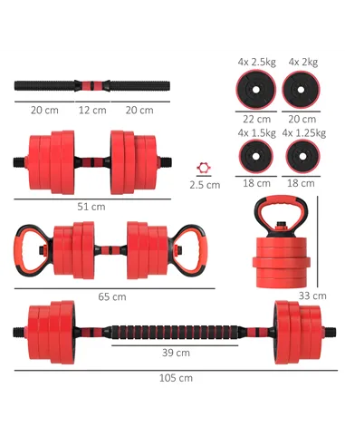 SPORTNOW 30kg Four-In-One Adjustable Weight Dumbbells Set, Barbell, Kettlebell, Push Up Stand - Red