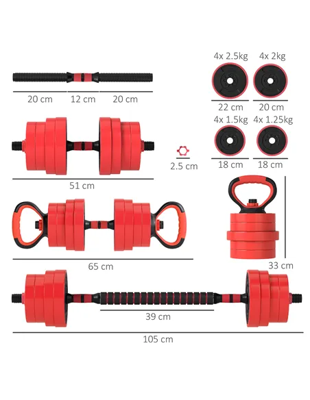 SPORTNOW 30kg Four-In-One Adjustable Weight Dumbbells Set, Barbell, Kettlebell, Push Up Stand - Red