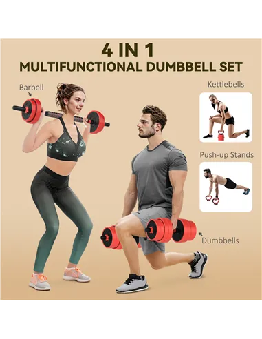 SPORTNOW 30kg Four-In-One Adjustable Weight Dumbbells Set, Barbell, Kettlebell, Push Up Stand - Red