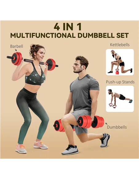 SPORTNOW 30kg Four-In-One Adjustable Weight Dumbbells Set, Barbell, Kettlebell, Push Up Stand - Red