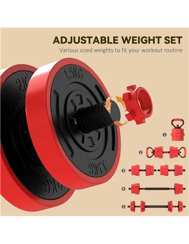 SPORTNOW 30kg Four-In-One Adjustable Weight Dumbbells Set, Barbell, Kettlebell, Push Up Stand - Red