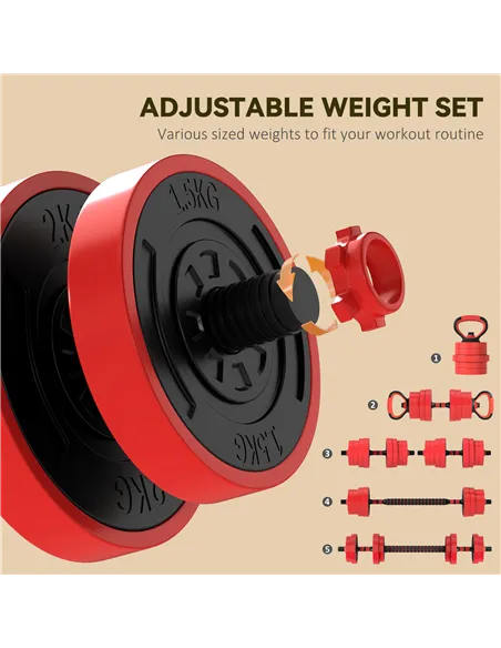SPORTNOW 30kg Four-In-One Adjustable Weight Dumbbells Set, Barbell, Kettlebell, Push Up Stand - Red