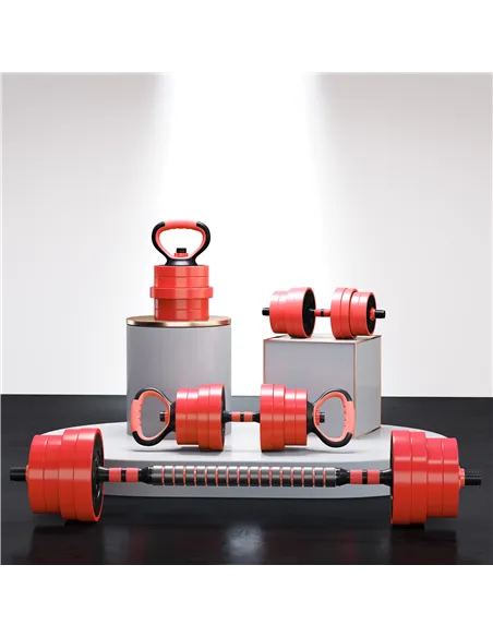 SPORTNOW 30kg Four-In-One Adjustable Weight Dumbbells Set, Barbell, Kettlebell, Push Up Stand - Red