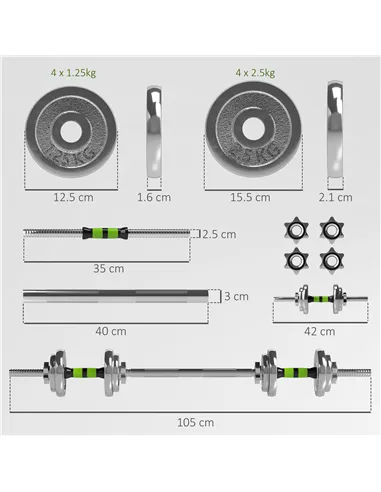 SPORTNOW 20kg 2-in-1 Barbell and Dumbbell Set, with Non-Slip Handle, for Weight Lifting, Training Home Gym
