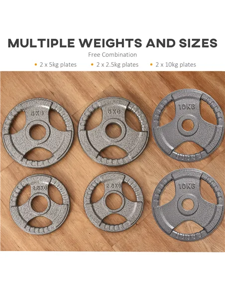 HOMCOM Set of 6 Cast Iron Olympic Weight for 2"/5cm Hole Dumbbell Handle Bar 35kg Dumbbell Plates Barbell Weight 2 x 5kg, 2 x 2.