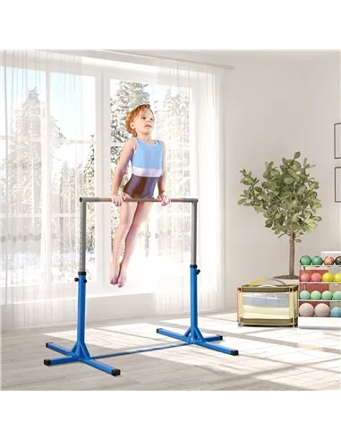 HOMCOM Height Adjustable Gymnastics Horizontal Bar for Kids, Children Junior Kip High Bar Fitness, Blue