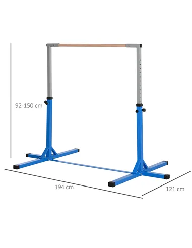 HOMCOM Height Adjustable Gymnastics Horizontal Bar for Kids, Children Junior Kip High Bar Fitness, Blue