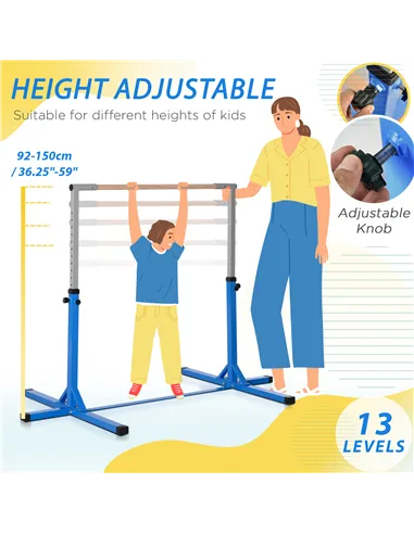 HOMCOM Height Adjustable Gymnastics Horizontal Bar for Kids, Children Junior Kip High Bar Fitness, Blue