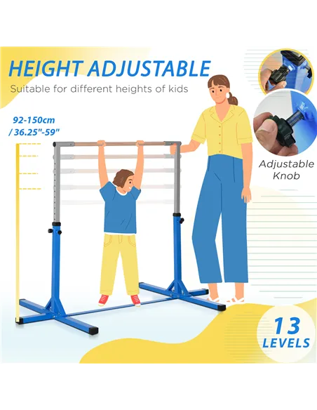 HOMCOM Height Adjustable Gymnastics Horizontal Bar for Kids, Children Junior Kip High Bar Fitness, Blue