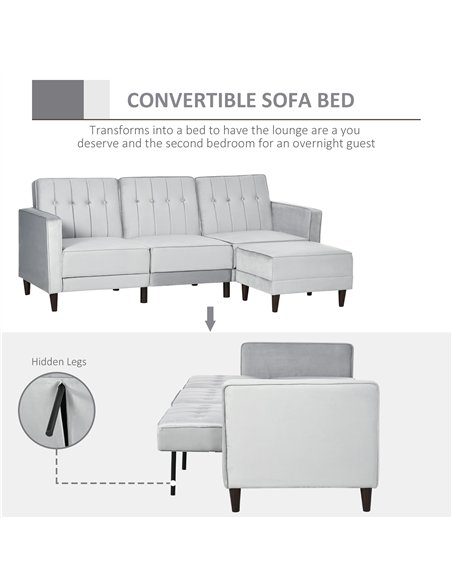 HOMCOM L Shape Sofa Bed Set with 3-Seater Sofa and Footstool, Corner Sofa Bed with Ottoman, Light Grey