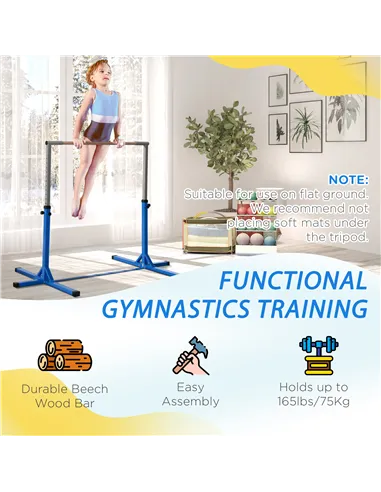 HOMCOM Height Adjustable Gymnastics Horizontal Bar for Kids, Children Junior Kip High Bar Fitness, Blue