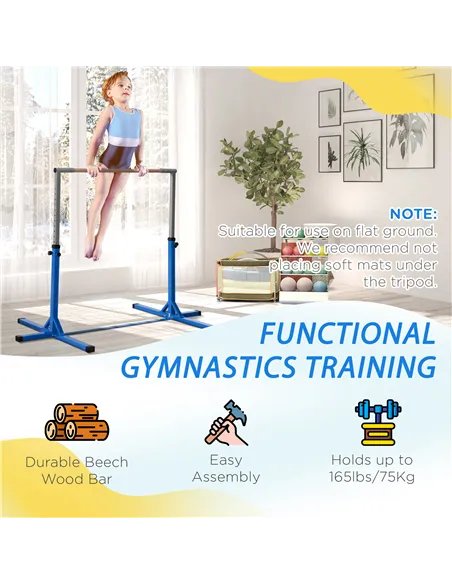 HOMCOM Height Adjustable Gymnastics Horizontal Bar for Kids, Children Junior Kip High Bar Fitness, Blue