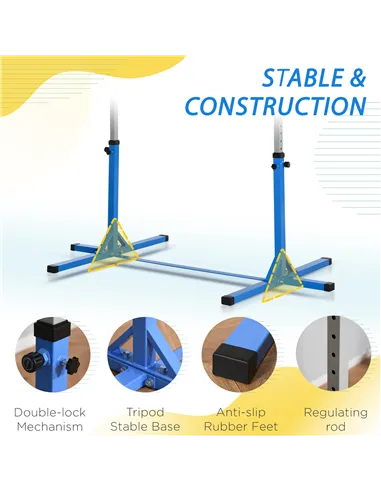 HOMCOM Height Adjustable Gymnastics Horizontal Bar for Kids, Children Junior Kip High Bar Fitness, Blue