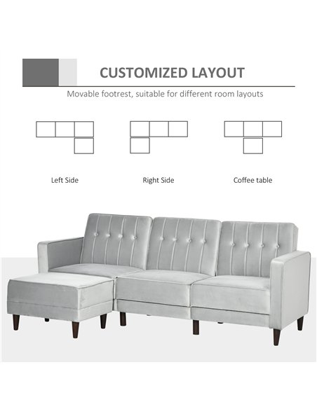 HOMCOM L Shape Sofa Bed Set with 3-Seater Sofa and Footstool, Corner Sofa Bed with Ottoman, Light Grey