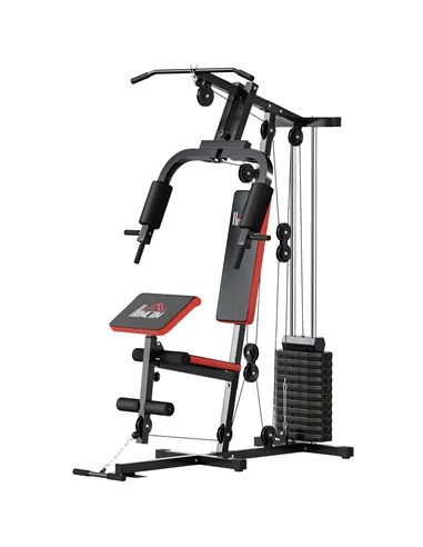 HOMCOM Multigym Station, with 66KG Weight Stack, for Strength Training - Red & Black