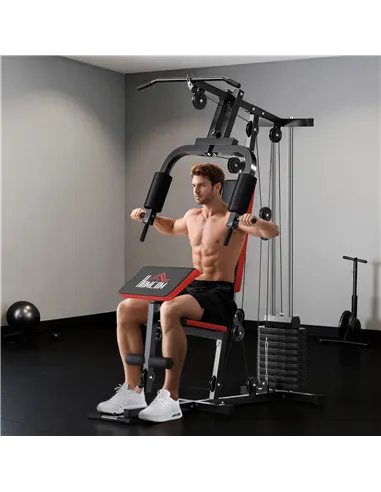 HOMCOM Multigym Station, with 66KG Weight Stack, for Strength Training - Red & Black