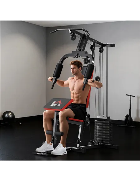 HOMCOM Multigym Station, with 66KG Weight Stack, for Strength Training - Red & Black