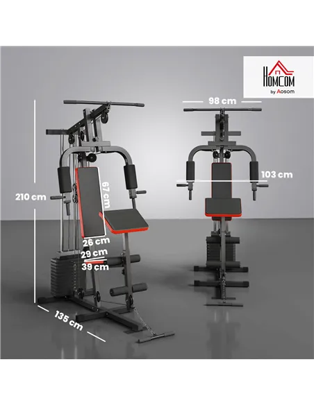 HOMCOM Multigym Station, with 66KG Weight Stack, for Strength Training - Red & Black