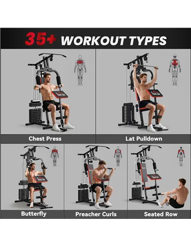 HOMCOM Multigym Station, with 66KG Weight Stack, for Strength Training - Red & Black