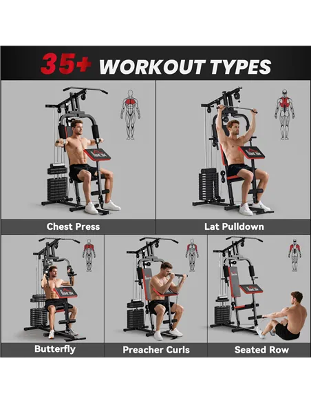 HOMCOM Multigym Station, with 66KG Weight Stack, for Strength Training - Red & Black