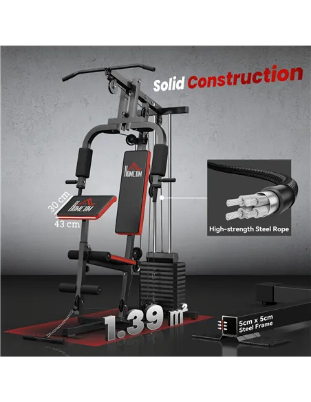 HOMCOM Multigym Station, with 66KG Weight Stack, for Strength Training - Red & Black