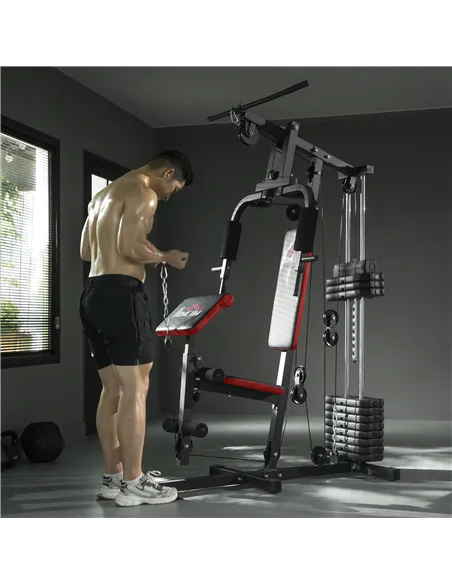 HOMCOM Multigym Station, with 66KG Weight Stack, for Strength Training - Red & Black