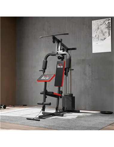 HOMCOM Multigym Station, with 66KG Weight Stack, for Strength Training - Red & Black