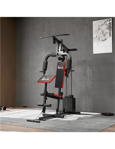 HOMCOM Multigym Station, with 66KG Weight Stack, for Strength Training - Red & Black