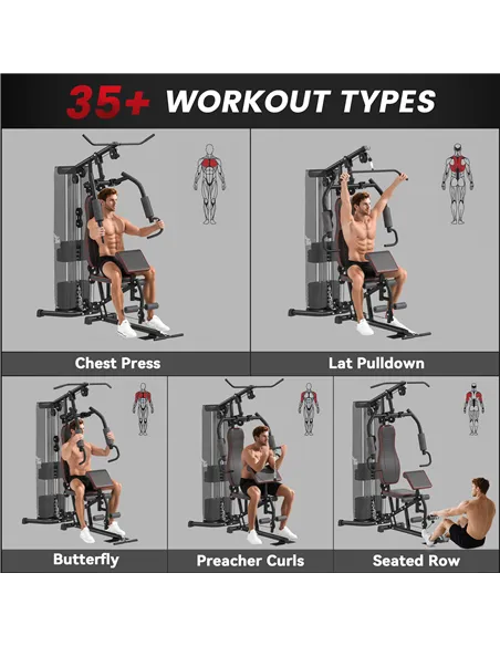 HOMCOM Multifunctional Home Gym Equipment Workout Station, Chest Station, Butterfly Press & Leg Developer, 45kg Weight Stack Mul