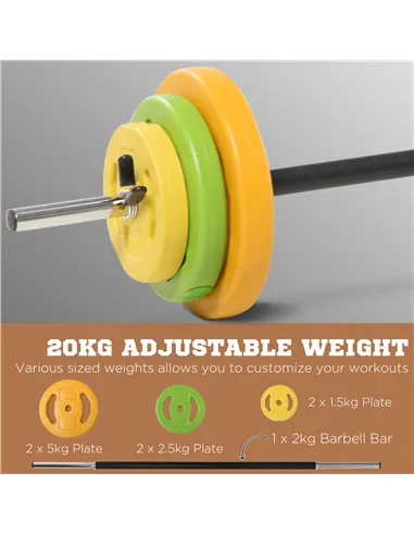 HOMCOM 20kg Barbell Weights Set, Adjustable Weights with Non-slip Handle, for Women and Men Home Gym Exercise Weight Strength Tr