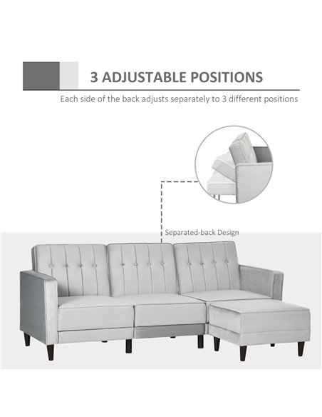 HOMCOM L Shape Sofa Bed Set with 3-Seater Sofa and Footstool, Corner Sofa Bed with Ottoman, Light Grey