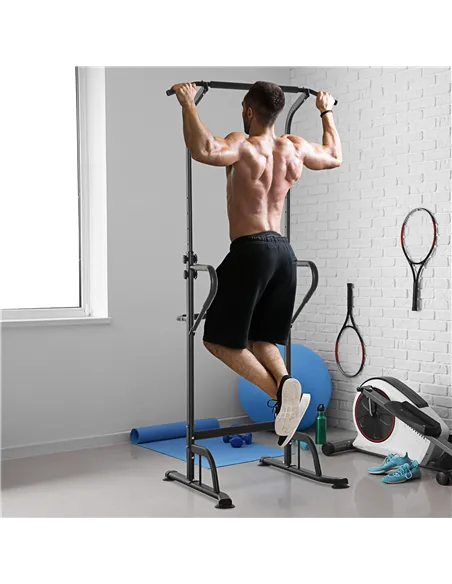 HOMCOM Power Tower Dip Station Pull Up Bar Multi-Function Push Up Equipment with Adjustable Height for Home Gym Strength Trainin