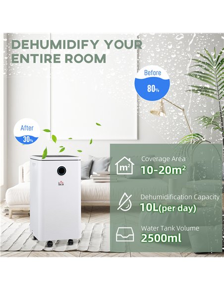 HOMCOM 10L/Day Dehumidifier with 2.5L Water Tank, Digital Display, Intelligent & Sleep Mode, 24H Timer, Laundry Clothes Drying, 