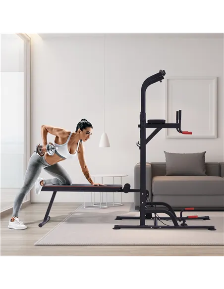 HOMCOM Multifunction Power Tower Home Workout Dip Station w/ Sit-up Bench Push-up Bars and Tension Ropes Fitness Equipment Offic