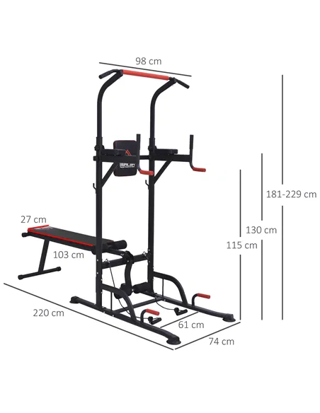 HOMCOM Multifunction Power Tower Home Workout Dip Station w/ Sit-up Bench Push-up Bars and Tension Ropes Fitness Equipment Offic