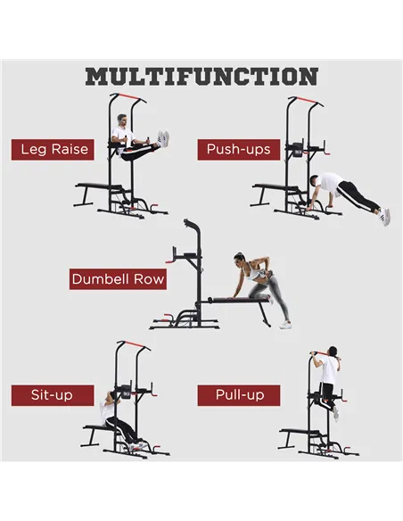 HOMCOM Multifunction Power Tower Home Workout Dip Station w/ Sit-up Bench Push-up Bars and Tension Ropes Fitness Equipment Offic
