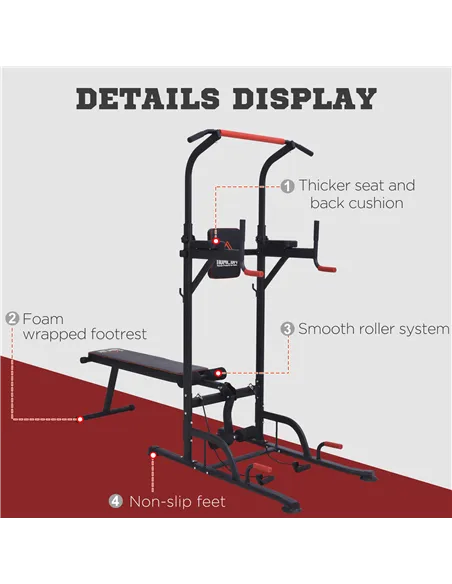 HOMCOM Multifunction Power Tower Home Workout Dip Station w/ Sit-up Bench Push-up Bars and Tension Ropes Fitness Equipment Offic