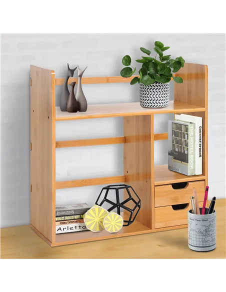 HOMCOM Desk Organiser Compartments Desktop Bookshelf Stationery Storage Shelf Document File Holder with 2 Drawers 2-way Reversed