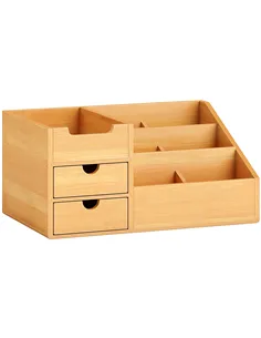 HOMCOM Desk Organiser Holder, Bamboo Multi-Function Storage Caddy with 7 Storage Compartments and 2 Drawers for Home Office Stat