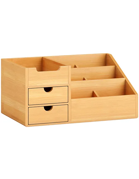 HOMCOM Desk Organiser Holder, Bamboo Multi-Function Storage Caddy with 7 Storage Compartments and 2 Drawers for Home Office Stat
