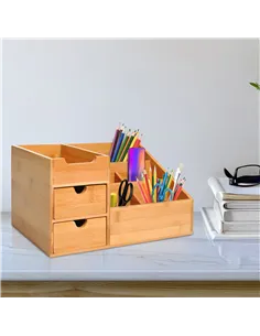 HOMCOM Desk Organiser Holder, Bamboo Multi-Function Storage Caddy with 7 Storage Compartments and 2 Drawers for Home Office Stat 2