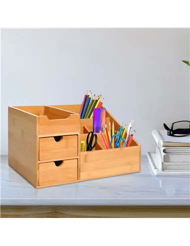 HOMCOM Desk Organiser Holder, Bamboo Multi-Function Storage Caddy with 7 Storage Compartments and 2 Drawers for Home Office Stat