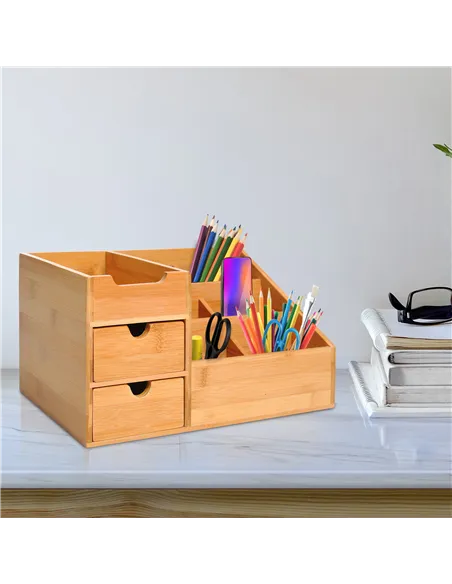 HOMCOM Desk Organiser Holder, Bamboo Multi-Function Storage Caddy with 7 Storage Compartments and 2 Drawers for Home Office Stat