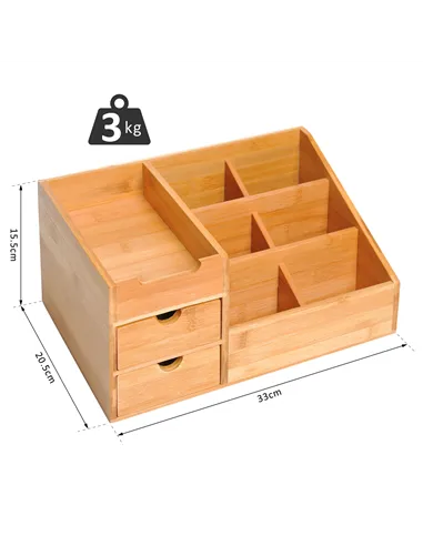 HOMCOM Desk Organiser Holder, Bamboo Multi-Function Storage Caddy with 7 Storage Compartments and 2 Drawers for Home Office Stat